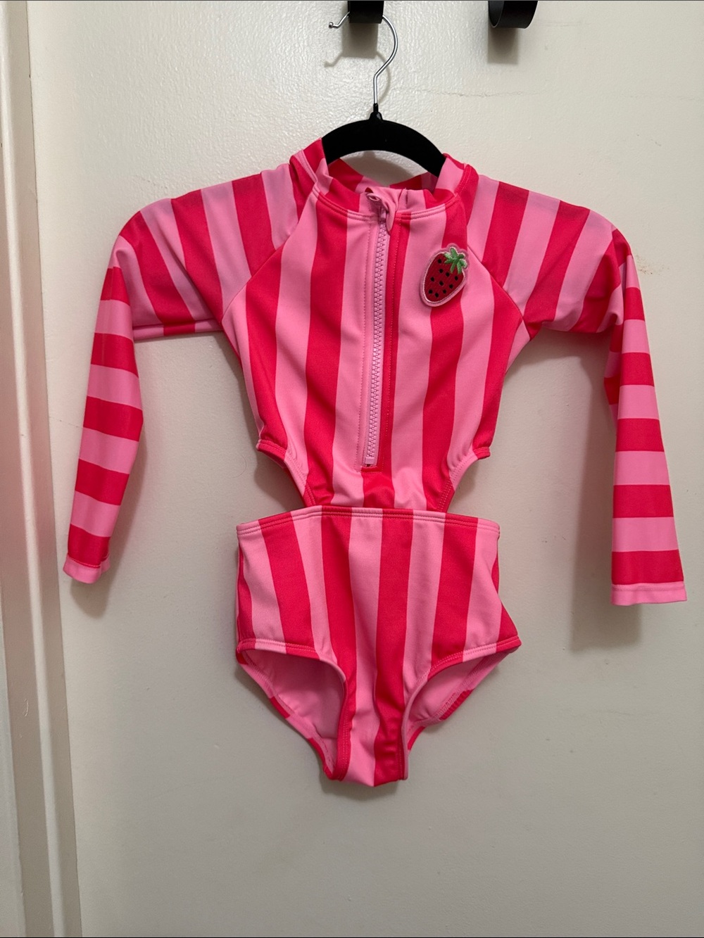 Kids Pink Striped Long Sleeve One-Piece Swimsuit with Strawberry Accent